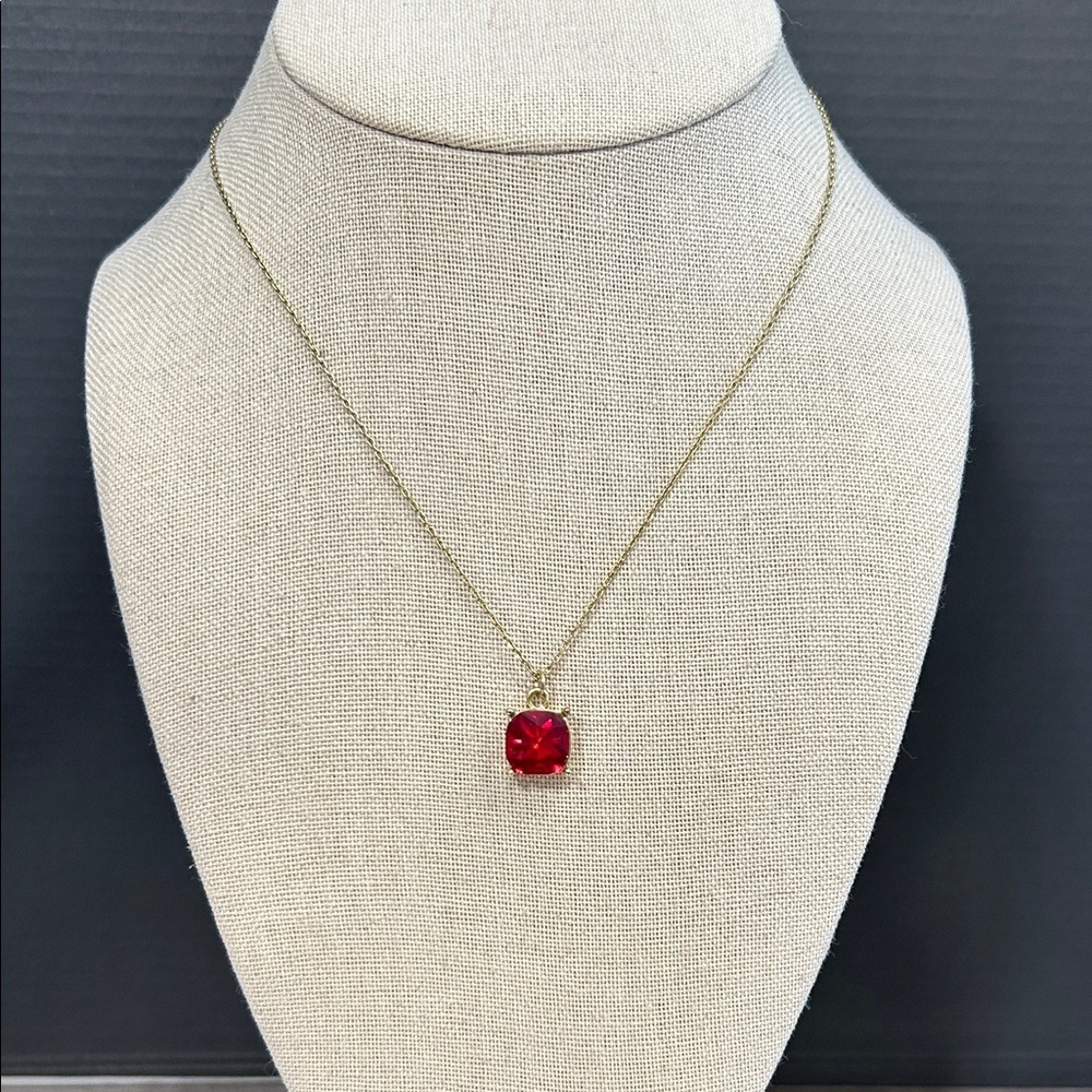 Charming Charlie Gold Chain Necklace with Red Cushion-Cut Glass Pendant